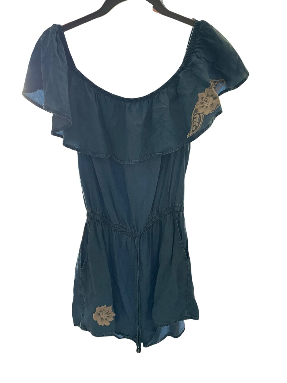 iris upcycled one-of-a-kind Off-Shoulder Romper with Tan Floral Appliqué
